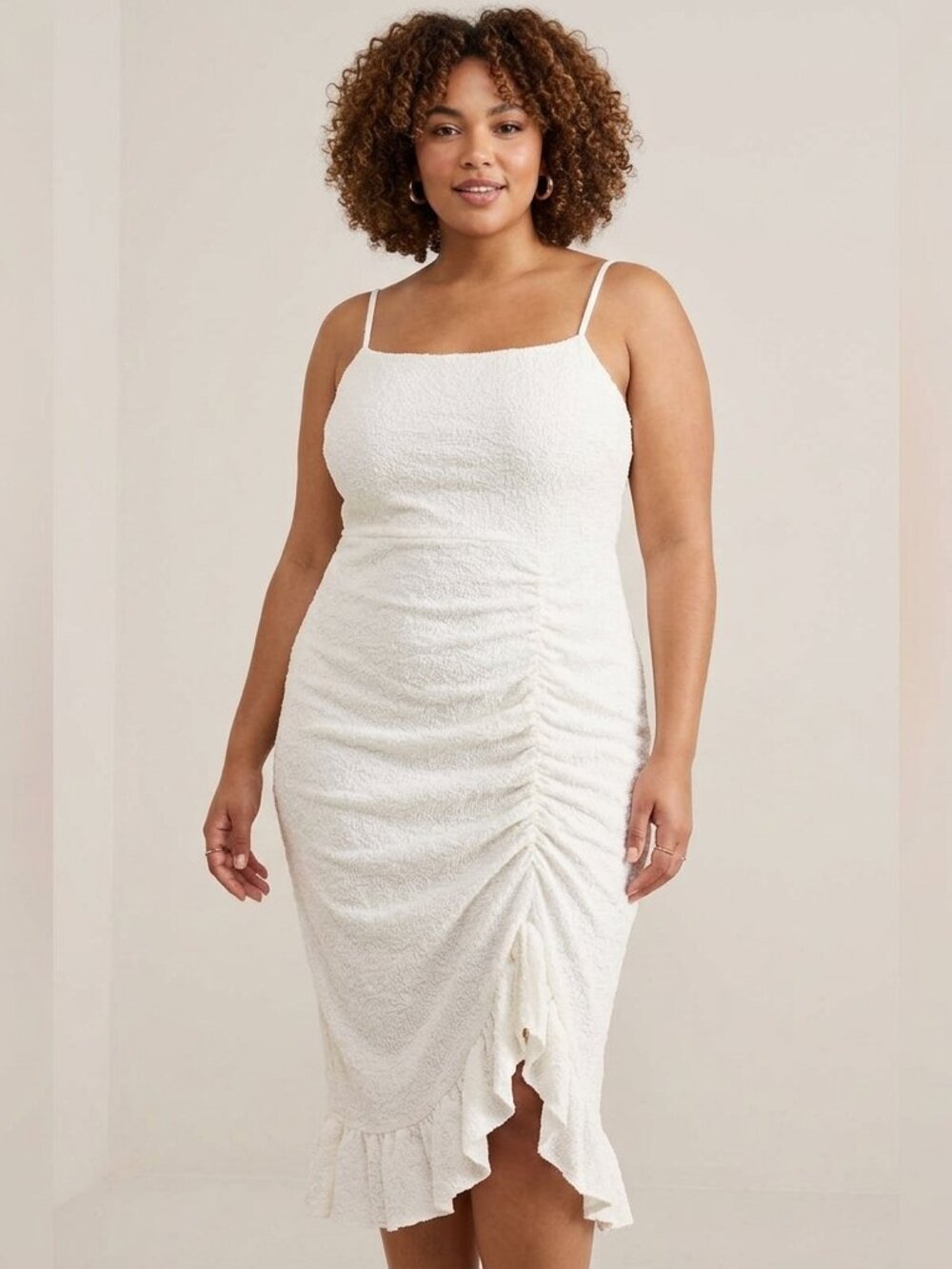 SHEIN Curve MOD White Ruched Asymmetrical Ruffle Midi Dress 2XL